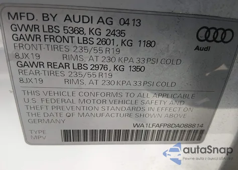 2013 Audi Q5 2.0T Premium z USA, uszkodzony, nr VIN WA1LFAFP8DA088814